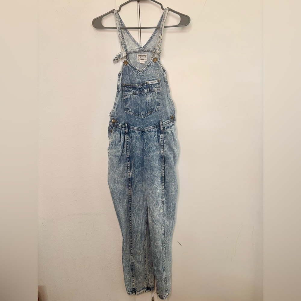 VINTAGE POWER DENIM ACID WASH DENIM BARRELL STYLE OVERALLS SZ S